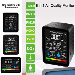 8 In 1 PM2.5 PM1.0 PM10 HCHO TVOC CO2 Temperature Humidity Tester One Machine with Three Screens Intelligent Air Quality Monitor 8 In 1 PM2.5 PM1.0 PM10 HCHO TVOC CO2 Temperature Humidity Tester One Machine with Three Screens Intelligent Air Quality Monitor