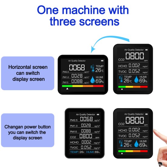 8 In 1 PM2.5 PM1.0 PM10 HCHO TVOC CO2 Temperature Humidity Tester One Machine with Three Screens Intelligent Air Quality Monitor