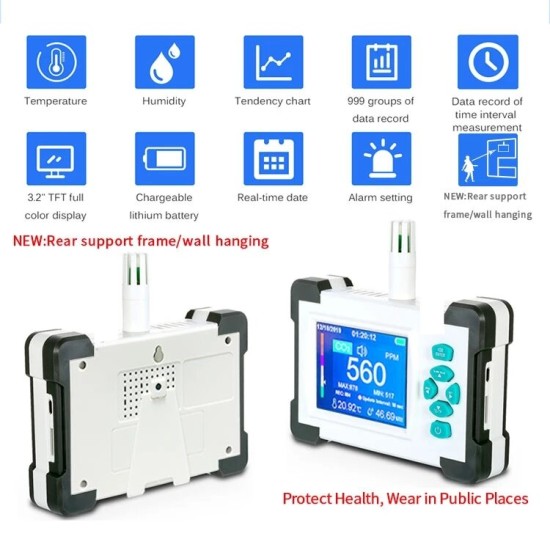 Upgraded SR-510A Carbon Dioxide Monitor with Rechargeable Battery Portable CO2 Meter Checker CO2 Sensor with PDF Output Function