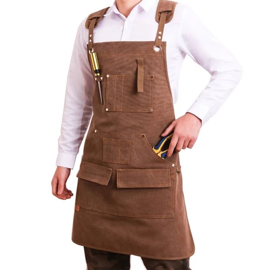 Durable Work Apron Heavy Duty Waxed Unisex Canvas Work Apron with Tool Pockets Cross-Back Straps Adjustable For Woodworking Painting