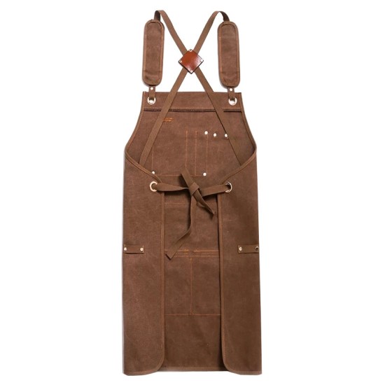 Durable Work Apron Heavy Duty Waxed Unisex Canvas Work Apron with Tool Pockets Cross-Back Straps Adjustable For Woodworking Painting