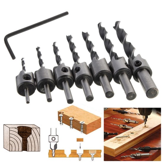 7pcs 5 Flute Countersink Drill Bit Set 3-10mm Carpentry Reamer Steel Woodworking Chamfer