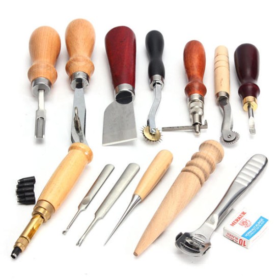 13Pcs Leather Craft Hand Awl Skiving Groover Sewing DIY Tool Kit