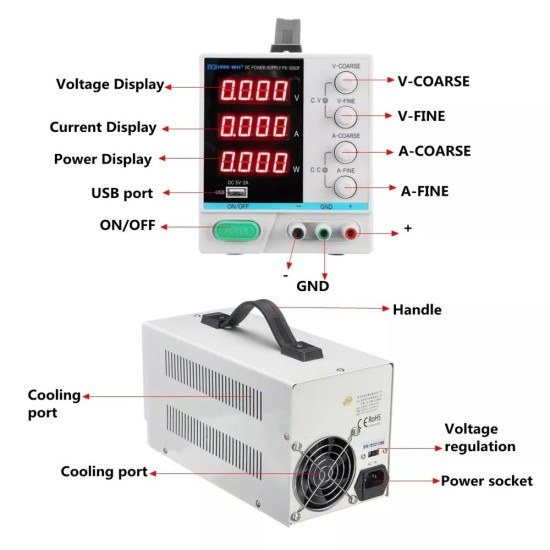 PS305DF DC Power Supply 4 Digtal Display 30V 5A Adjustable Switching Power Supply w/ USB Interface