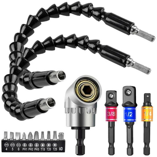 16Pcs/Set Flexible Drill Extension Hex Shank Drill Nut Driver Bit Set Bendable+Universal Socket Adapter+Screwdriver Bit+Right Angle Drill Extension