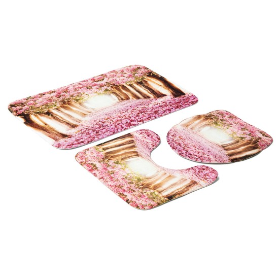 3Pcs/Set Sakura Pattern Home Bathroom Non-Slip Pedestal Rug Lid Toilet Cover Bath Mat Carpet Pad