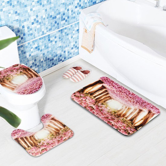 3Pcs/Set Sakura Pattern Home Bathroom Non-Slip Pedestal Rug Lid Toilet Cover Bath Mat Carpet Pad