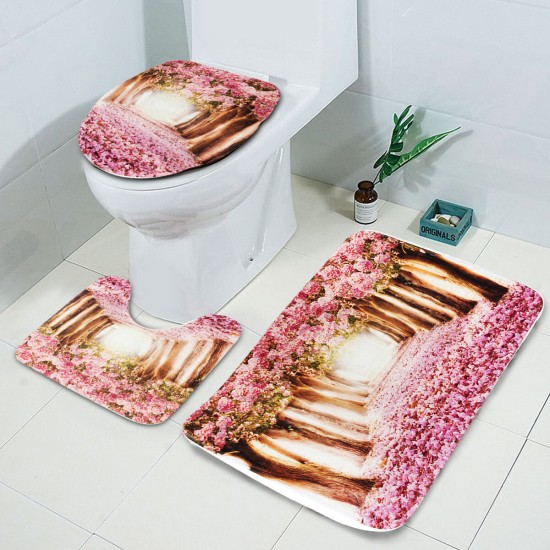 3Pcs/Set Sakura Pattern Home Bathroom Non-Slip Pedestal Rug Lid Toilet Cover Bath Mat Carpet Pad