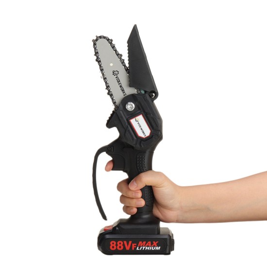 4 Inch 88VF Cordless Electric Chain Saw 1500W One-Hand Saw LED Woodworking Wood Cutter W/ 1/2 Battery Led Working Light