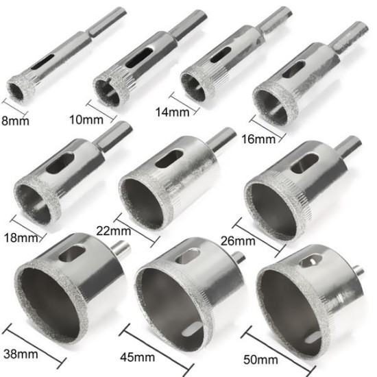 10pcs Diamond Hole Saw Set Tile Ceramic Glass Porcelain Marble 8mm-50mm Hole Saw Drill Bit