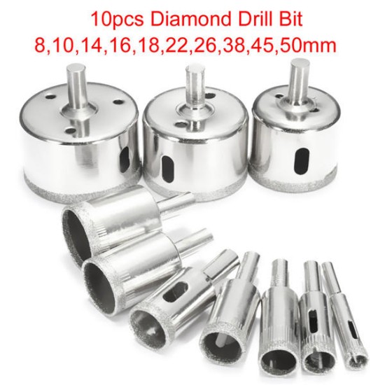 10pcs Diamond Hole Saw Set Tile Ceramic Glass Porcelain Marble 8mm-50mm Hole Saw Drill Bit