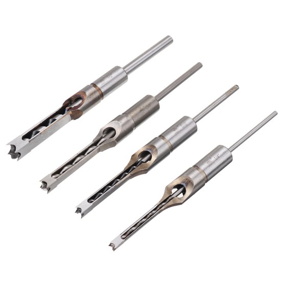 4pcs Square Hole Drill Bits Woodworking Auger Mortising Chisel Set Kit 1/4 to 1/2 Inch Tool Set