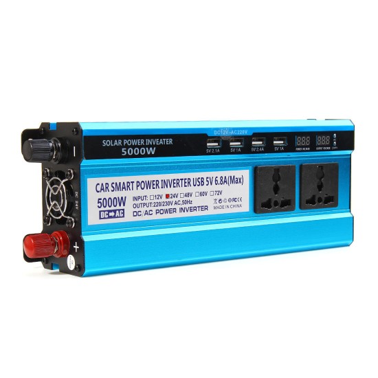 5000W LCD Solor Power Inverter DC 12V/24V/48V To AC 220V Converter 3 Sockets 4 USB Ports