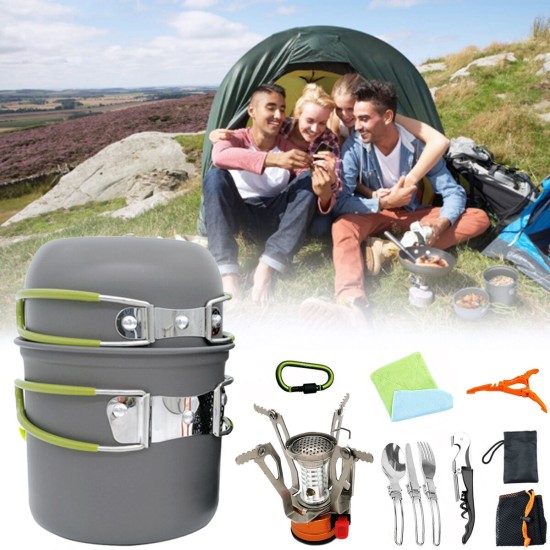 Portable Backpacking Outdoor Picnic Set Hiking Cookware Camping Pot Bowl Stove Set Burner