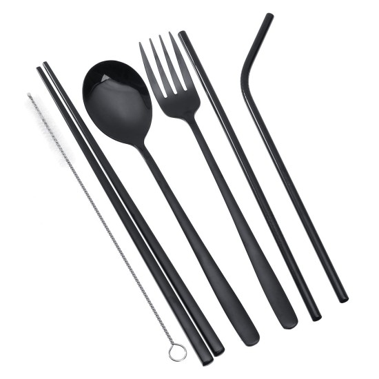 Portable 304 Stainless Steel Drinking Straw Spoon Reusable Straws Fork Chopsticks Brush Combination Set