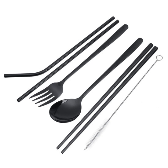 Portable 304 Stainless Steel Drinking Straw Spoon Reusable Straws Fork Chopsticks Brush Combination Set