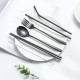 Portable 304 Stainless Steel Drinking Straw Spoon Reusable Straws Fork Chopsticks Brush Combination Set