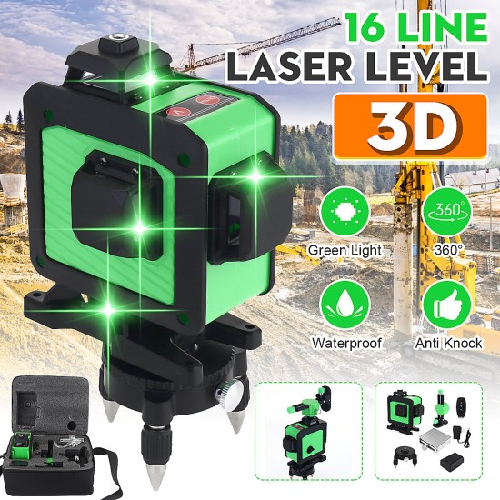 16 Line 360° Horizontal Vertical Cross 3D Green Light Laser Level Self-Leveling Measure Super Powerful Laser Beam with Two Batteries