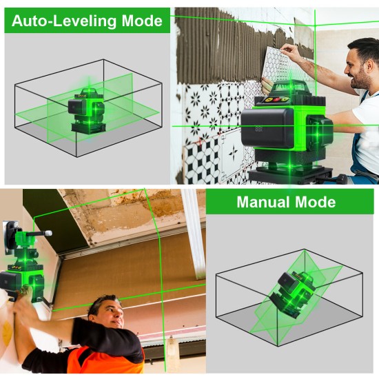 16 Lines 4D Laser Level, Green Laser Line, Self Leveling, Horizontal Lines &360 Degree Vertical Cross with 2xBattery for Outdoor