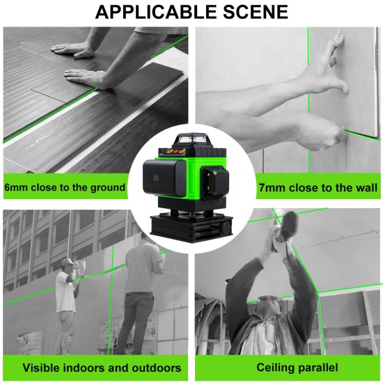 16 Lines 4D Laser Level, Green Laser Line, Self Leveling, Horizontal Lines &360 Degree Vertical Cross with 2xBattery for Outdoor