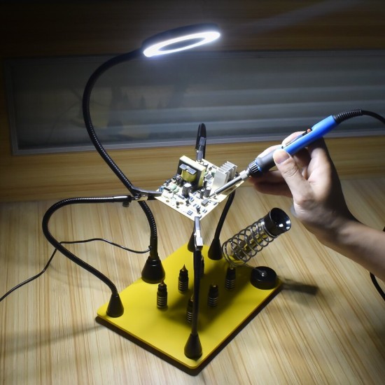 Magnetic Base Soldering Welding Third Hand PCB Holder with 3X LED Illuminated Magnifier Lamp Welding Tool Kit