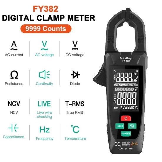 FY382 9999 Counts Digital Clamp Meter Professional Multimeter Auto Range AC Voltage Current Capacitance Smart Tester