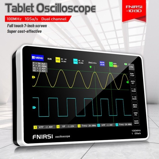 1013D 7inch Digital 2 Channels Tablet Oscilloscope 100M Bandwidth 1GS/s Sampling Rate 800x480 Resolution Capacitor Screen Touch+Gesture Operation