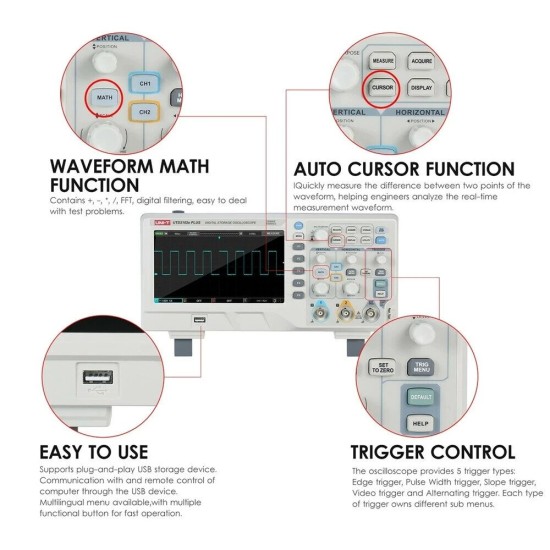 UTD2102e PLUS Digital Oscilloscope with 7inch LCD Display Scopemeter with 100MHz Bandwidth 2 Channels 500MS/S Real Time Sample