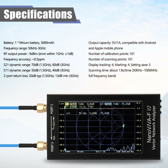 V2 50kHz-3GHz IPS 4.3Inch LCD Display Vector Network Analyzer S-A-A-2 Antenna Analyzer Short Wave HF VHF UHF
