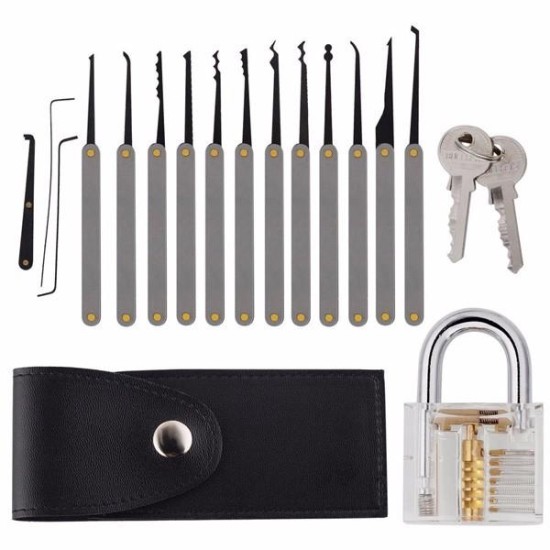 12pcs Unlocking Lock Pick Set + 10pcs Key Extractor Set +1pc Transparent Practice Padlock