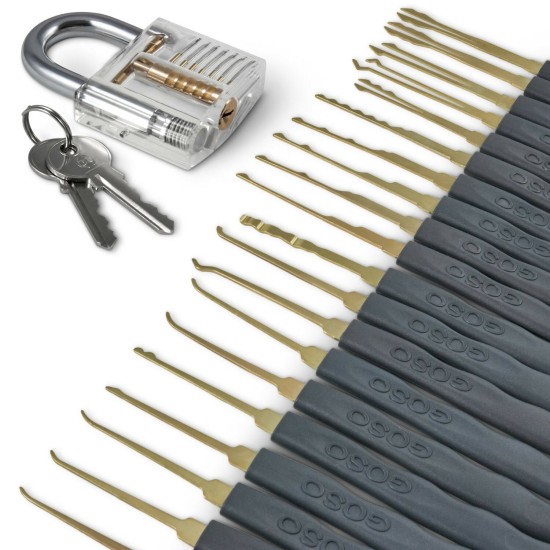 24pcs Single Hook Lock Pick Set with 1Pc Transparent Lock Locksmith Practice Training Skill Set