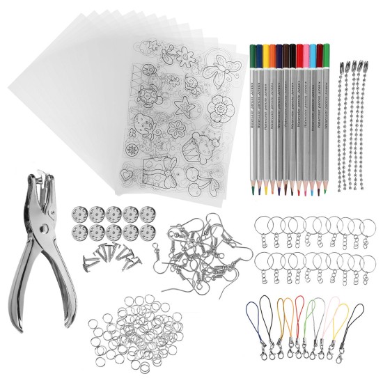 182Pcs Heat Shrink Plastic Sheets Kit Shrinky Art Paper Hole Punch Keychains DIY