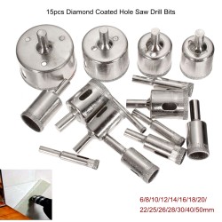 15Pcs 6-50mm Diamond Hole Saw Drill Bit Set 100 Grits Tile Ceramic Glass Marble Drill Bits 15Pcs 6-50mm Diamond Hole Saw Drill Bit Set 100 Grits Tile Ceramic Glass Marble Drill Bits