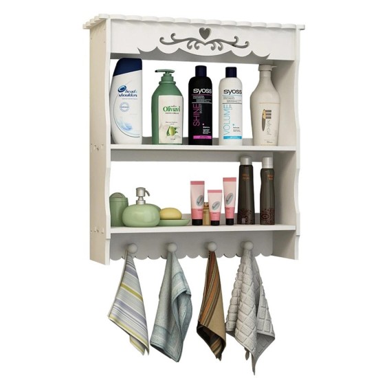 2-Tiers Wall-mounted Bathroom Shelf Towel Hooks Organizer Home Storage Rack