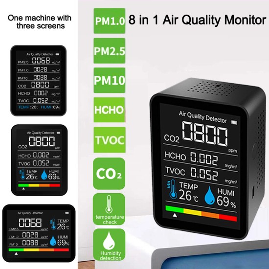 8 In 1 PM2.5 PM1.0 PM10 HCHO TVOC CO2 Temperature Humidity Tester One Machine with Three Screens Intelligent Air Quality Monitor