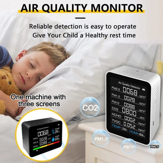 8 In 1 PM2.5 PM1.0 PM10 HCHO TVOC CO2 Temperature Humidity Tester One Machine with Three Screens Intelligent Air Quality Monitor