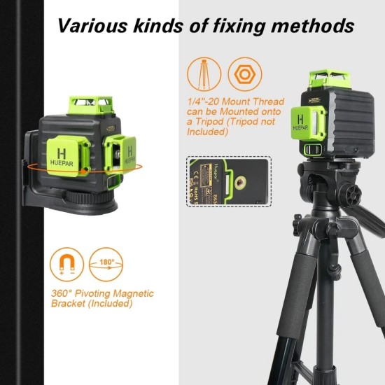 B03CG 3D Cross Line Self-leveling Laser Level 12 lines Green Beam Li-ion Battery with Type-C Charging Port Hard Carry Case