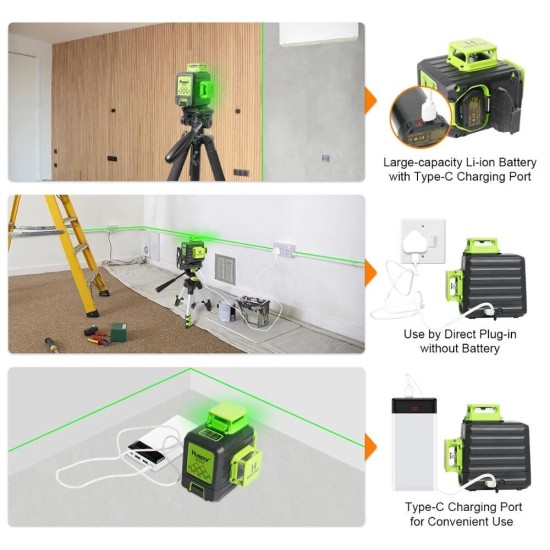 B03CG 3D Cross Line Self-leveling Laser Level 12 lines Green Beam Li-ion Battery with Type-C Charging Port Hard Carry Case