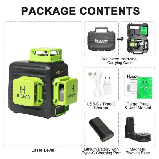 B03CG 3D Cross Line Self-leveling Laser Level 12 lines Green Beam Li-ion Battery with Type-C Charging Port Hard Carry Case