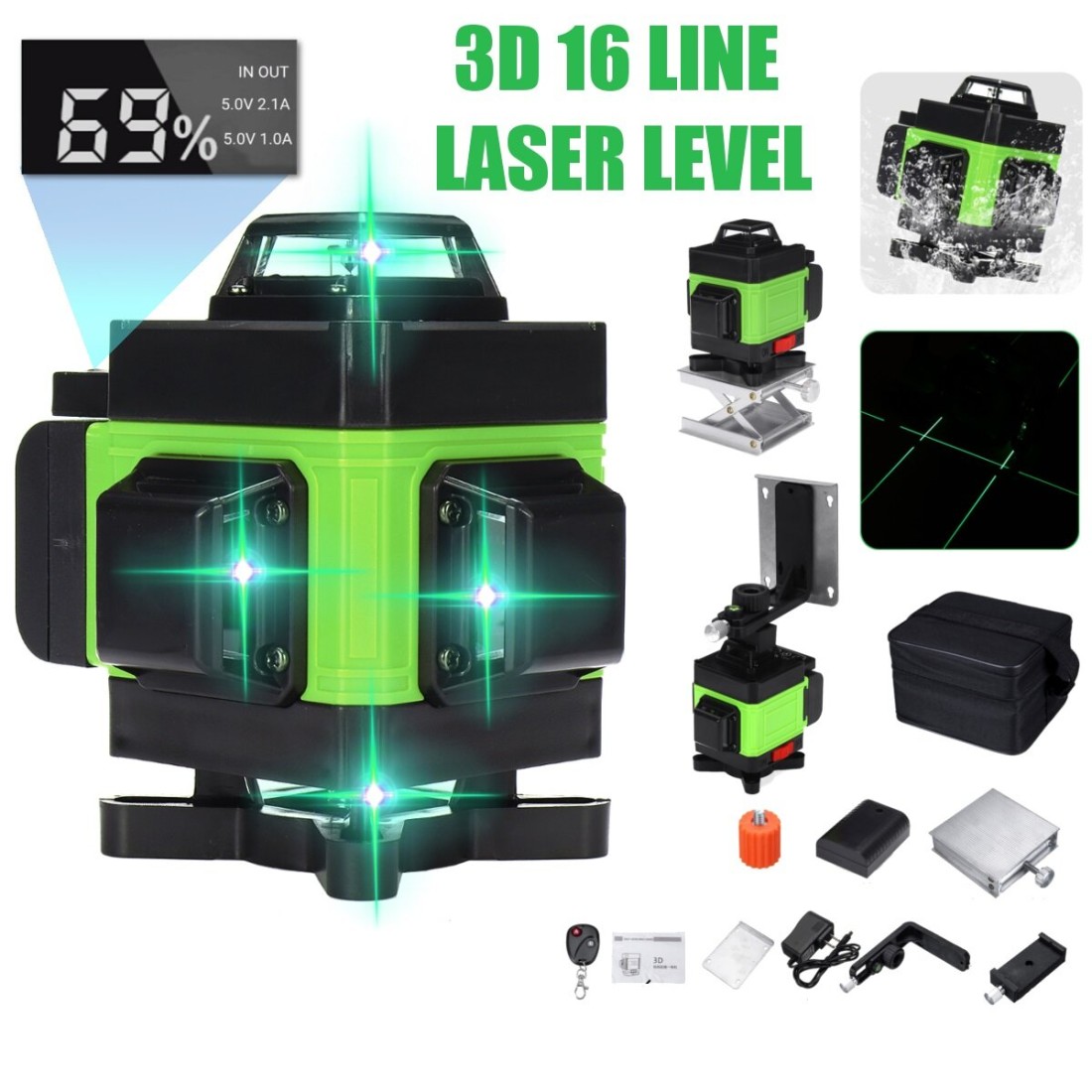 LED Display 3D 360° 16 Line Green Light Laser Level Cross Self Leveling ...