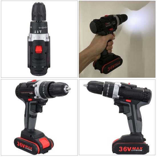 36V 2-Speed Electric Cordless Drill LED Screwdriver Hammer Impact With 2pcs Battery