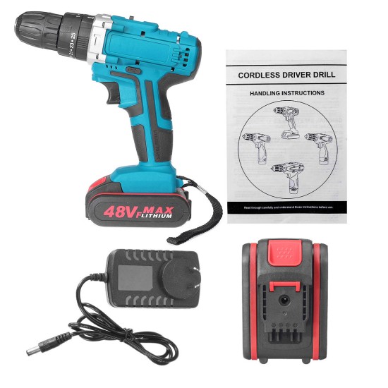 48V 2 Speed Power Drills Cordless Electric Drill 13000mAh 25+3 Torque Drilling Tool With 2 Li-ion Batteries