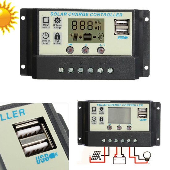 10/20A 12/24V Auto Solar Panel Battery Regulator Charge Controller PWM Battery Charging