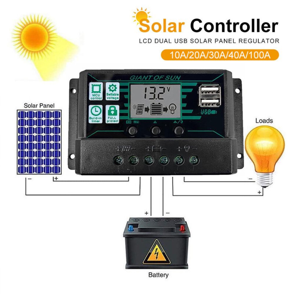 Solar Control Current 12V/24V 10A-100A LCD Solar Controller Dual USB DC Port Current Solar ...