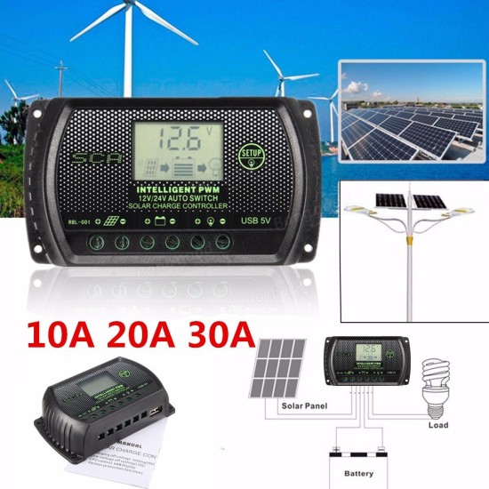 10A 20A 30A PWM LCD USB Solar Panel Battery Regulator Charge Controller 12V 24V