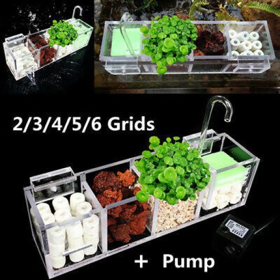 2-6 Grids Acrylic Aquarium Fish Tank External Hang On Filter Box with Water L2