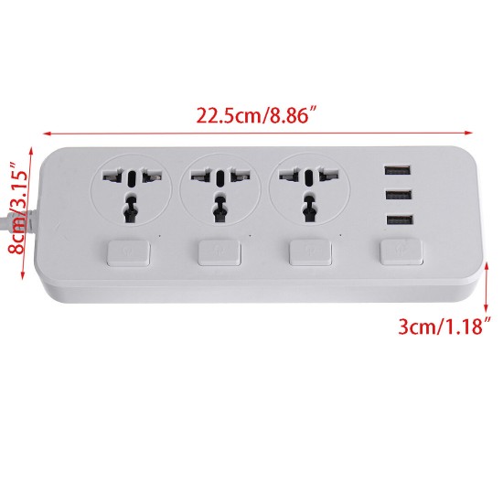 Electric 3 Socket Outlet + 3 USB Extension Power Strip 5V 2.1A US/UK Plug Cord