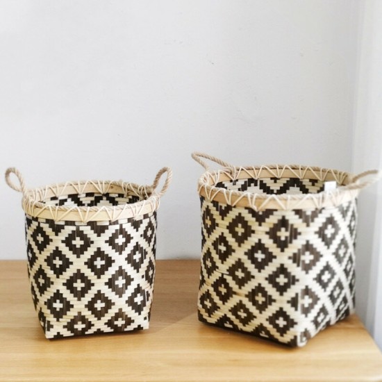 Large Capacity Storage Baskets Woven Bamboo Storage Bucket Handle Flower Pot Vase Toy Holder Household Organizer