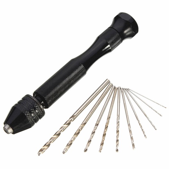 Mini Aluminum Hand Drill with Keyless Chuck and 10pcs Twist Drills Rotary Tool