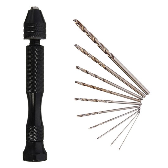 Mini Aluminum Hand Drill with Keyless Chuck and 10pcs Twist Drills Rotary Tool